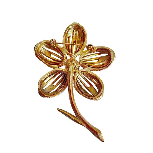 Goldtone and Rhinestone Single Flower on Stem Brooch Filigree 3" - Picture 5 of 5
